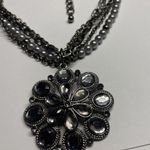 Women’s Dark Silver Tone Statement Costume Necklace Flower Pendant Rhinestone Photo 8