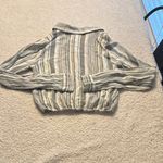 Good Luck Gem  Button Up Gray and White Striped Long Sleeve Crop Top Photo 3