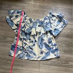 Nicole Miller Artelier 100% Cotton Blue Cream Tropical Off Shoulder Blouse M Photo 6