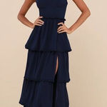 Lulus NWOT  Sophisticated Occasion Navy Blue Bustier Lace-Up Maxi Dress Size L Photo 0