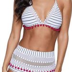 High Waisted Striped Bikini Set White Photo 0