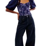 Free People New Intimately Prairie Rose Navy Blue Bodysuit Puffy Sleeve Boho Med Photo 1