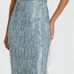 Mac Duggal  5980 Blue High Neck Short Sleeve Crystal Fringe Column Dress Photo 1