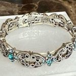Aquamarine Green Faux Crystals Stretchy Bangle Silver Toned Bracelet Photo 0