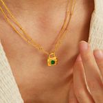 Green Emerald Necklace, Padlock Necklace, Layer Necklace Set Photo 1