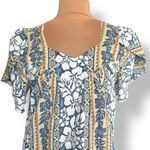 Vintage Hawaiian Muumuu Dress Blue Tan Floral Stripe Ruffle Hem One Pocket Luau Size M Photo 2