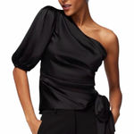 White House | Black Market NEW WHBM Black One Shoulder Satin Tie Blouse Top Shirt size 6 Photo 0