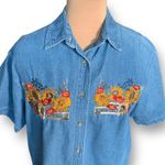 Vintage 90s Chambray Denim Shirt Blue Floral Embroidered Sunflower Butterfly Top Size L Photo 0