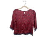 Lush Clothing Lush Lightweight Geometric Top Lace Trim Red Blue Keyhole Satiny 3/4 Sleeve XS Photo 3