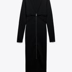 ZARA LONG SLEEVE BLACK V-NECK MIDI DRESS. FRONT METAL ZIP CLOSURE M Photo 5