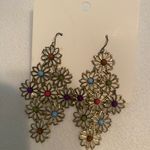 Mudd Long Colorful Floral Brass Dangle Earrings 3 inch Gold Tone Flower Photo 0