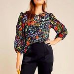 Anthropologie Maeve Jacquin Peasant Blouse Floral Top Ruffle Sheer Sleeve Photo 0