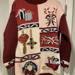 Karen Scott VTG 80s  Size M Pink Christmas Sweater Patchwork Beaded Holiday Mock Photo 0