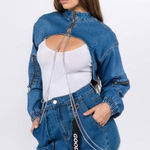 American Bazi  Blue Denim Jacket NWT Women’s Large Chain Y2K Style Photo 0