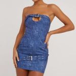 EGO  - Bandeau Buckle Detail Bodycon Mini Dress in Acid Wash Blue Photo 3