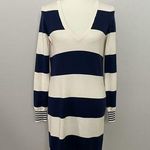 Madewell Wallace Dress Sweater Striped Button Back Plunge V Neck Navy Blue Cream Photo 0