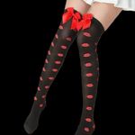 Lips Kiss Mesh Thigh High Stockings Bow Decor Valentines Day Over The Knee Socks Photo 9