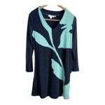 Chico's V Neck Long Sleeve Dress Navy Blue Mint Green Abstract Floral Print M Photo 3