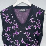 Pretty Damage Women M Black Purple Tribal Flame Sweater Vest Cropped V Photo 2