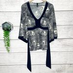 Navy Blue & White Boho Patterned Kimono Tie Back Blouse Top Size Large Photo 8