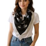 Vintage Satin Floral Scarf Black Blue Square Neck Head Bandana Kerchief Silver Photo 0