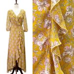 JessaKae Floral Cascading Ruffled Faux Wrap Midi Dress Mustard Blush Size Small Yellow Photo 15