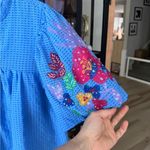 Umgee  embroidered blouse puff sleeve babydoll seersucker short cobalt floral top Photo 6