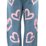 Colorful Natalie Blue Pink Hearts High Waisted Baggy Wide Leg Denim Jeans Size L Size L Photo 0