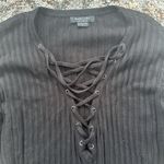 Marciano  Rib Knit Lace Up Top Flare Sleeves Black Large Photo 1