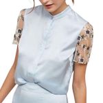 Anthropologie Hutch NEW Blue Satin Hidden Button Shirt XS Petite Photo 0