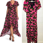 Abound  Floral Flutter Sleeve High/Low Maxi Dress Black/Pink Size L Photo 1
