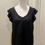 SheIn Black Eyelet V-Neck Blouse With Ruffle Short Sleeves & Lace Back Closure Photo 1