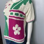Koret Vintage XL Off White Knit Sweater Pink Green Floral Tropical Short Sleeve Photo 2