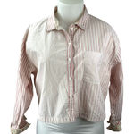 American Eagle Pink Stripe Collared Long Sleeve Cropped Button Down Shirt Sz XL White Photo 0