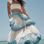 Free People NWT  dip into the tiers maxi skirt teal cream gypsy boho size medium Photo 0