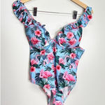 SheIn Flamingo Swimsuit Tropical Print Ruffle Blue/Pink Large Photo 0