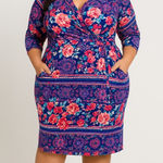 Single floral print‎ three quarter sleeve sheath dress wrap front, size 1X Purple Photo 0