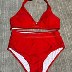 Suuksess Cherry Red High Waist Halter Neck Mesh Bikini Swimsuit XL NWT Photo 0