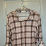 No Comment  Pink/Brown Plaid 3/4 Roll Tab Sleeve Button Up 1X Photo 5
