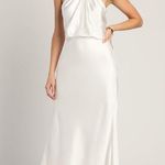 Lulus  At the Halter White Satin Halter Neck Twist-Front Maxi Dress  Photo 0