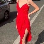 Monique Lhuillier Dress Foulard Asymmetric Floral Lace Midi Lipstick 4 NWT Photo 0