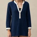 Madison Mathews 100% Linen Navy White Trim Tunic Top Beach Cover Up Size Small Blue Photo 0