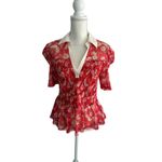 Maeve Red Floral Collared Smocked Blouse Size Medium Photo 9