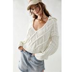 Free People  Size XL Traveler Cable Knit Pullover V Neck Sweater Creme Neutral Photo 14