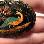 Hand Painted Lacquer Peacock Bird On Black Background Brooch Photo 2