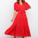 Boutique Bright Red V-neck Flutter Sleeve Midi Dress Photo 0