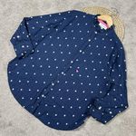 Kerri Rosenthal Women’s Mia Ruffle Button Down Shirt Tiny Heart Print in Navy XL Blue Photo 0