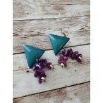 Vintage Clip On Earrings Teal Triangle with Purple Dangles Large Statement Photo 1