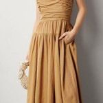 TOCCIN Women's Brown Khaki Square Neck Ruched Bodice Tie Waist Midi Dress Size 8 Photo 0