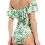 Gianni Bini One Piece Swimsuit Cream & Green Palm Print Off-Shoulder Ruffle XL Photo 1